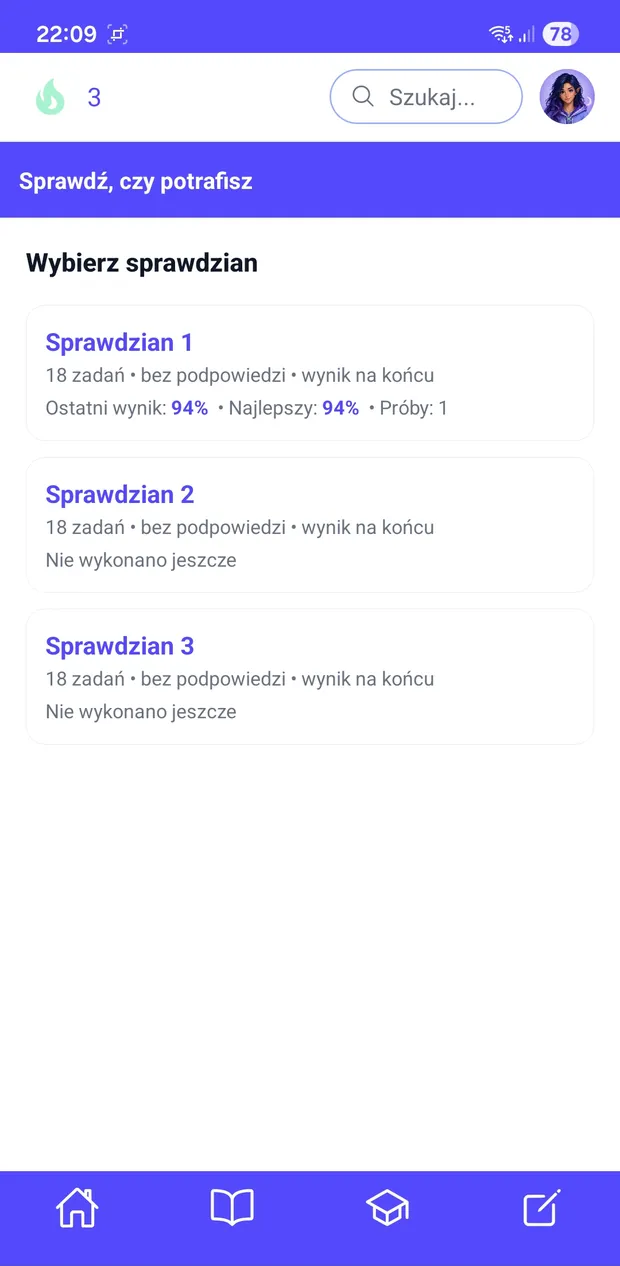 Lista sprawdzianów z wynikami ucznia
